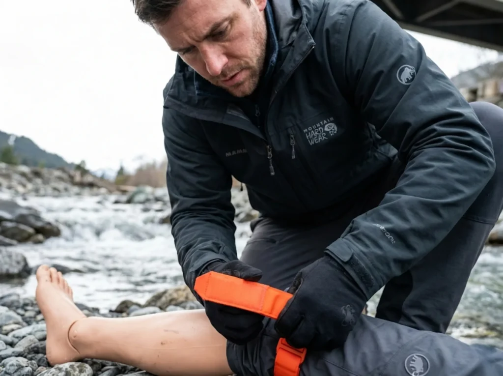 Wilderness rescuer applying CAT tourniquet during backcountry bleeding control emergency protocol