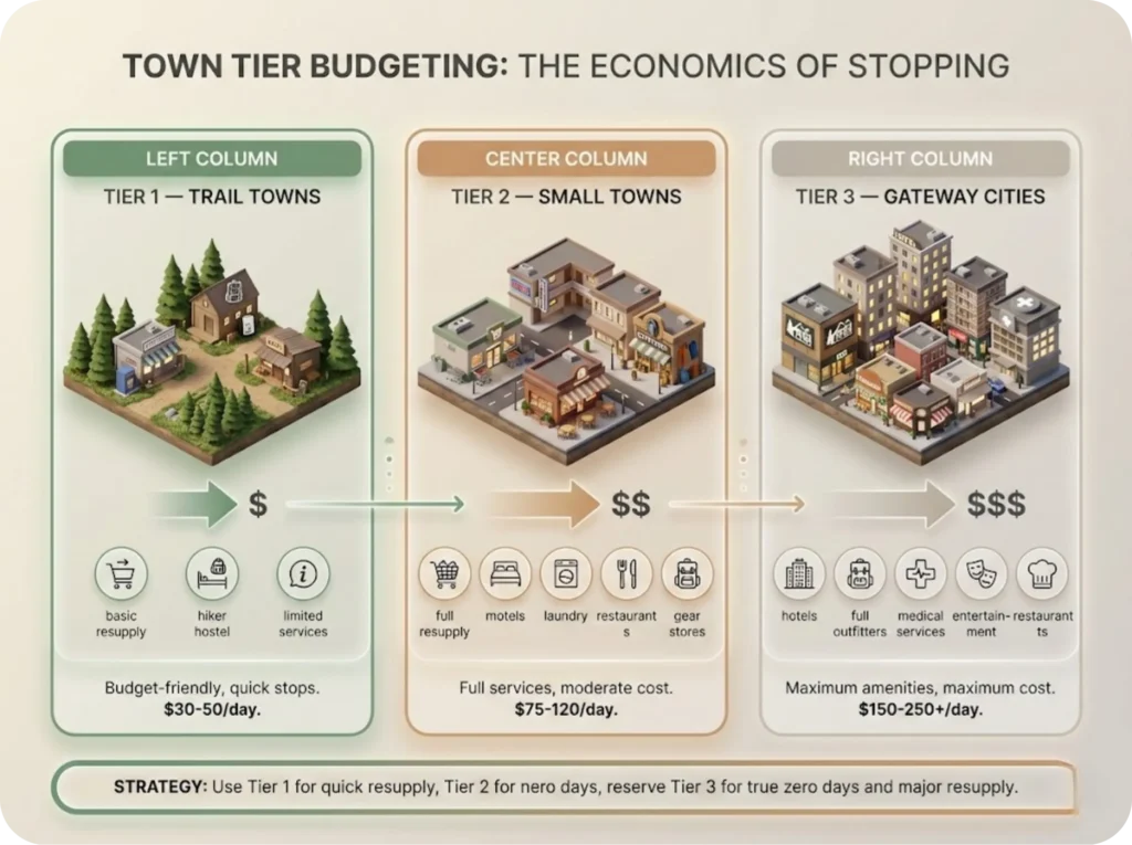Thru-hiking town tier budgeting comparison infographic showing Tier 1, Tier 2, and Tier 3 trail towns with typical costs, amenities available, and strategic resupply recommendations for long-distance hikers.