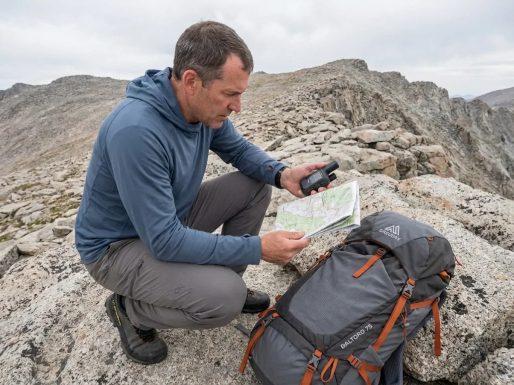 Thru-hiker navigating route with GPS and map on alpine ridgeline above treeline