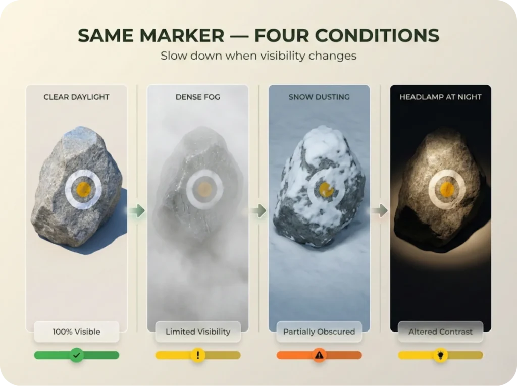 Four-panel photo series showing the same painted trail marker under different conditions: clear daylight with full visibility, dense fog with reduced visibility, light snow dusting partially obscuring the marker, and nighttime headlamp illumination revealing different contrast levels.