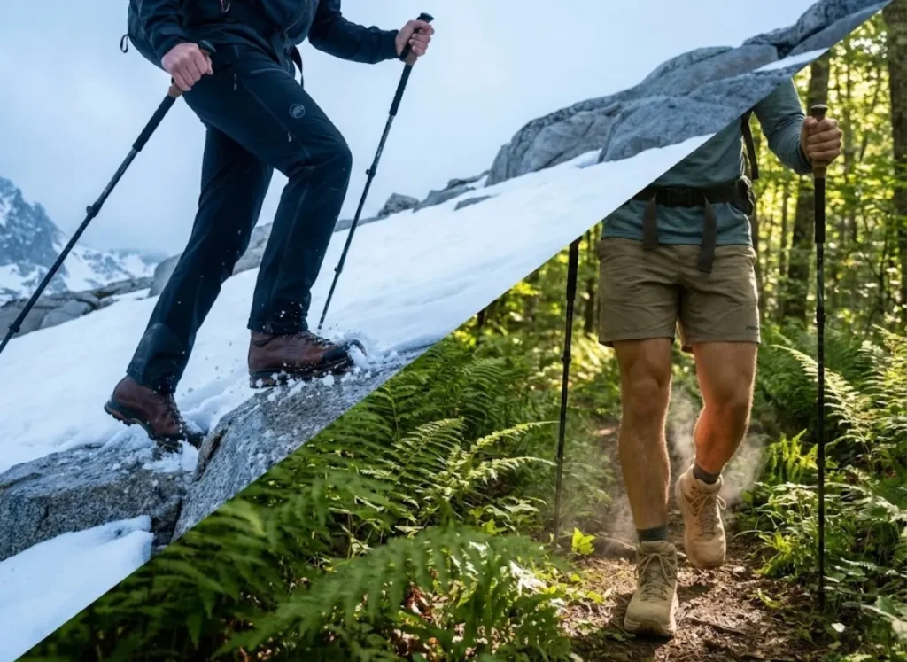 Split-screen environmental photography showing full-grain leather boots in snowy granite terrain versus nubuck boots in a humid, green forest trail.