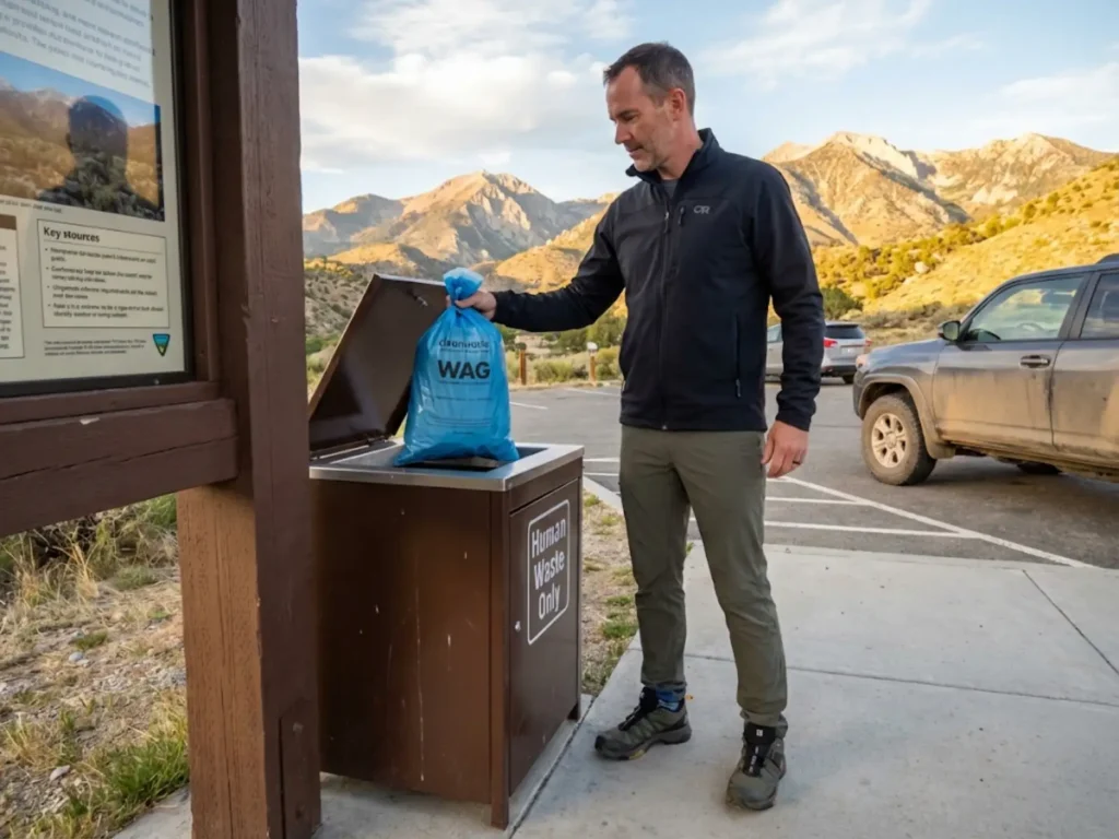 Hiker disposing sealed WAG bag in dedicated human waste bin at trailhead completing pack-out cycle