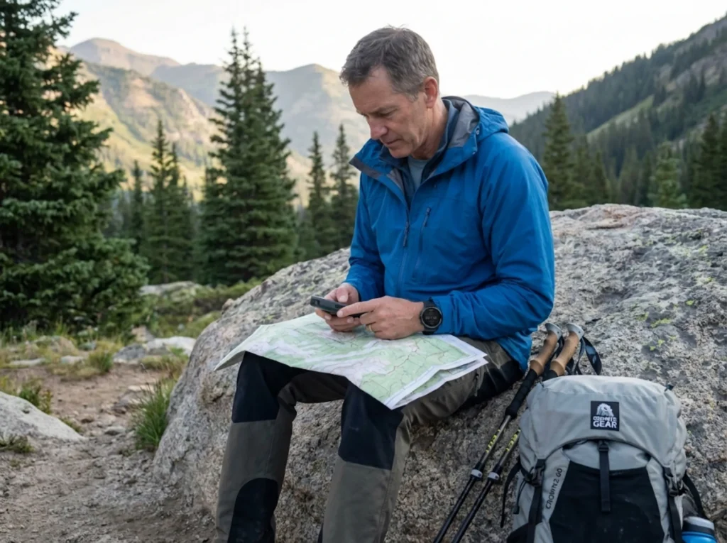 Hiker studying topographic map and GPS at trail junction calculating hiking time estimates
