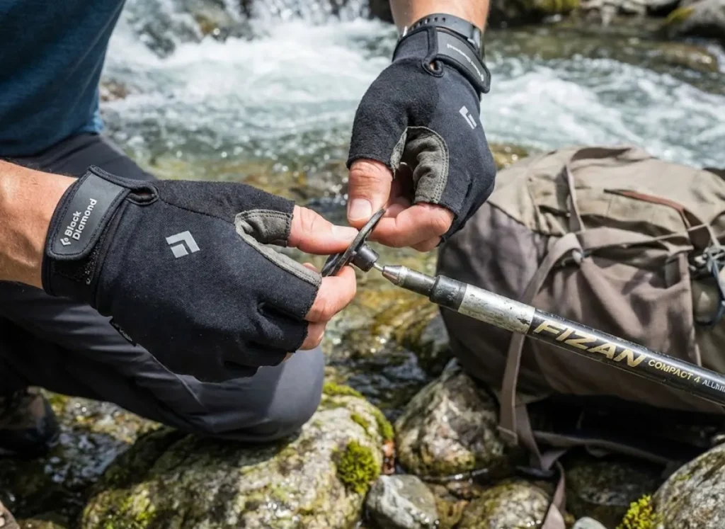 Hiker removing trekking pole basket before river crossing to reduce water drag