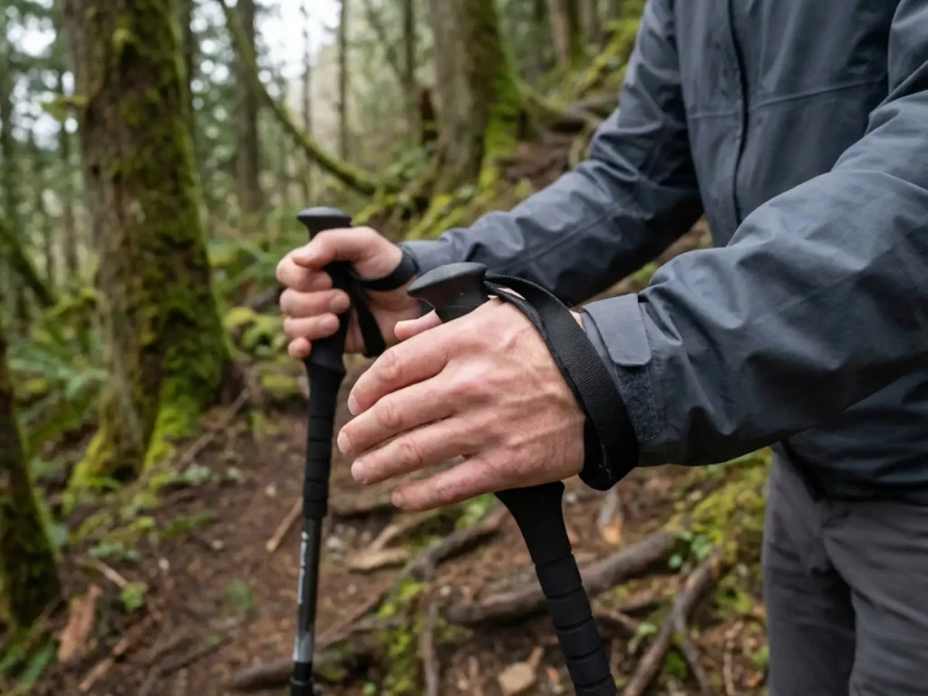 Close-up of hiker's hands using trekking pole straps for downhill weight transfer
