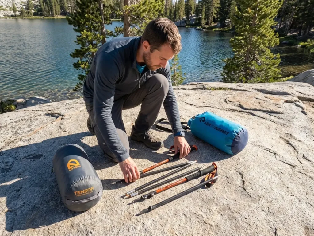 Hiker drying disassembled trekking pole sections at sunny lakeside camp