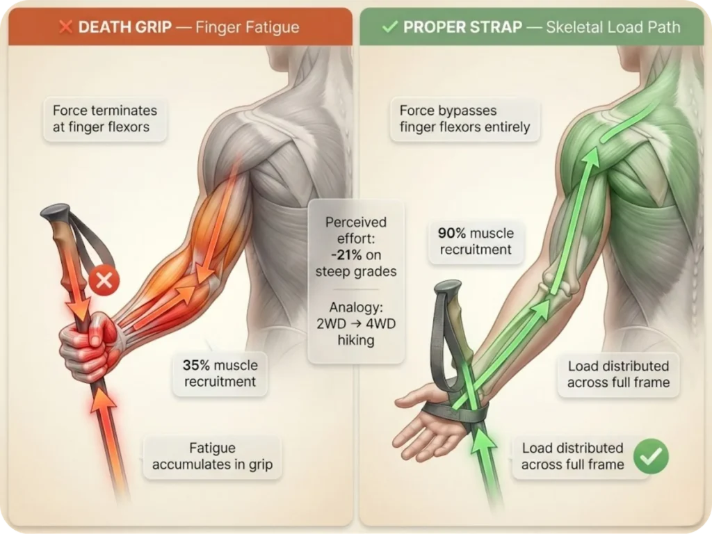 Split-screen anatomical comparison showing force vectors through the arm when using trekking poles: death grip technique with force terminating at hand muscles versus proper strap technique with force bypassing hand through wrist to shoulder skeleton.