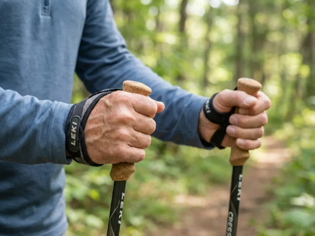 Proper trekking pole grip technique for senior hikers showing strap positioning