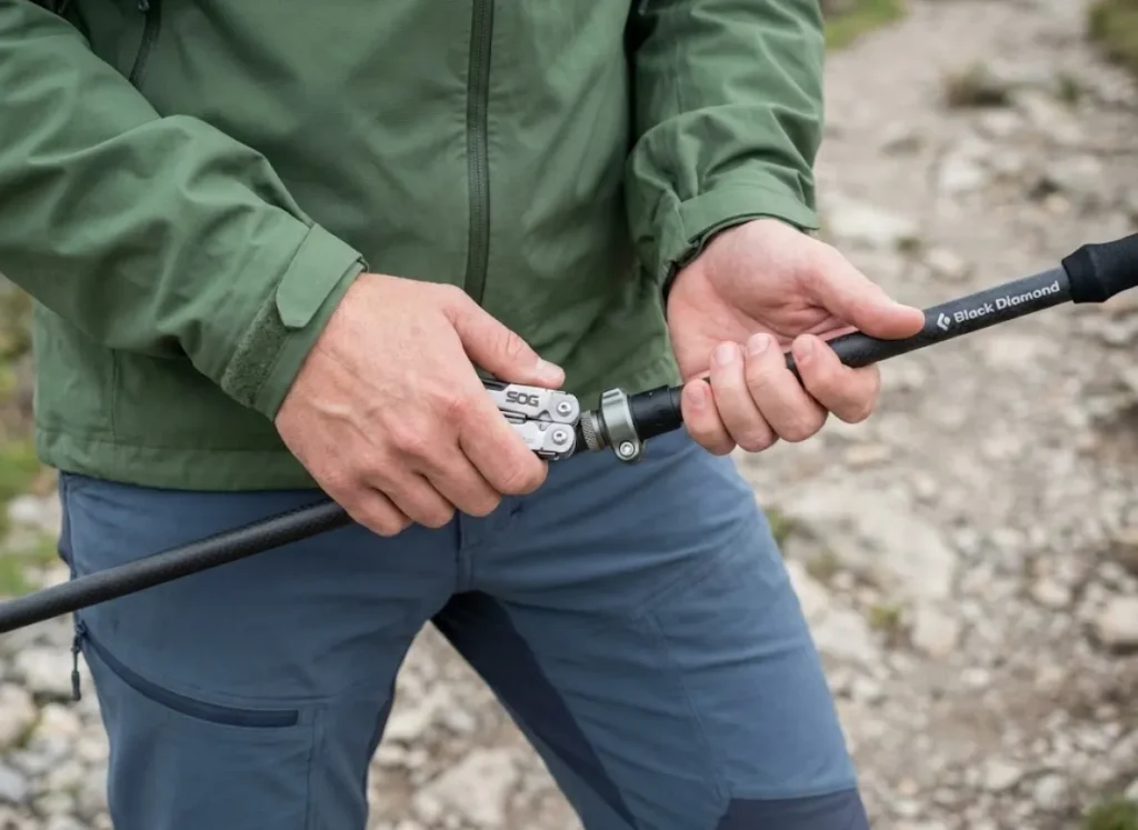 Hiker using multi-tool pliers to tighten the external lever lock on a carbon fiber trekking pole.