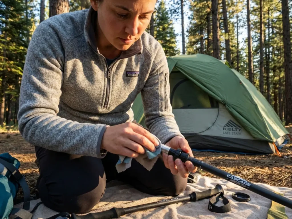 Hiker cleaning twist lock mechanism on trekking pole at wilderness campsite