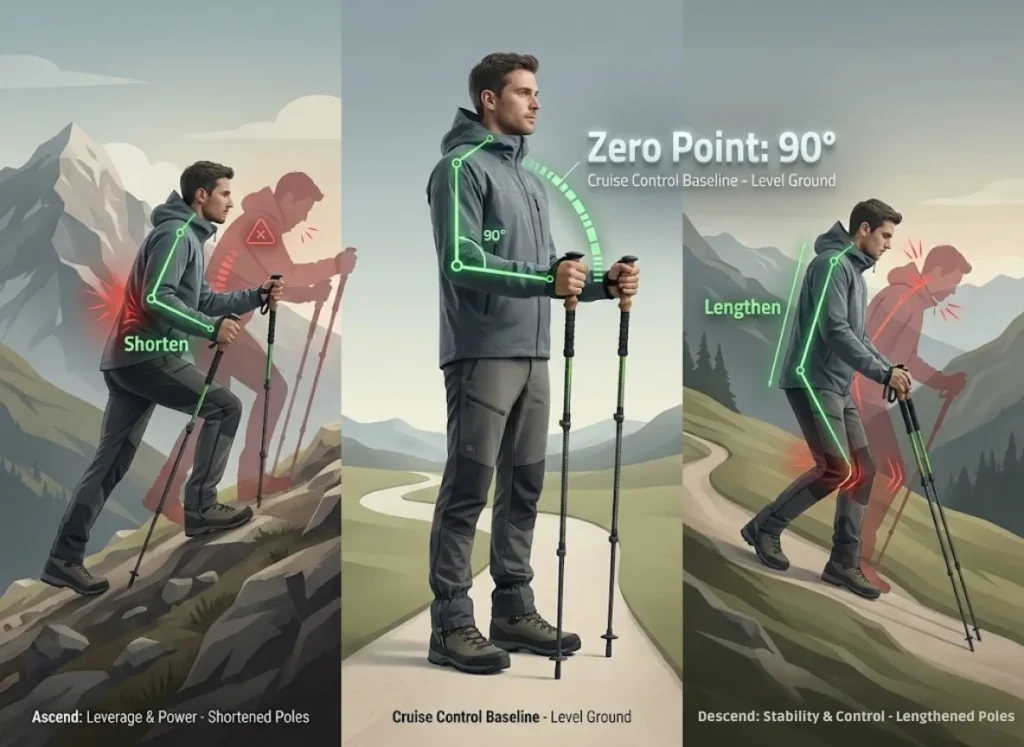 A premium biomechanical infographic showing a hiker in three terrains: flat ground demonstrating the 90-degree elbow "Zero Point," uphill demonstrating shortened poles for power, and downhill demonstrating lengthened poles for balance. Green lines indicate correct posture; red overlays indicate strain.
