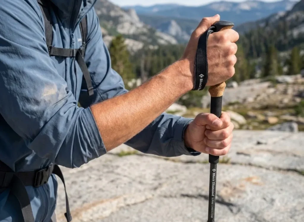 Side view of hiker's elbow at 90 degrees holding a trekking pole, demonstrating correct sizing on flat ground.