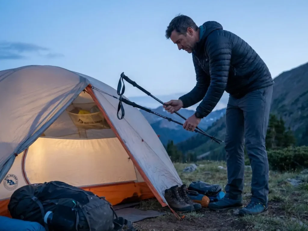 Trekking poles with straps drying at backcountry camp to prevent mold