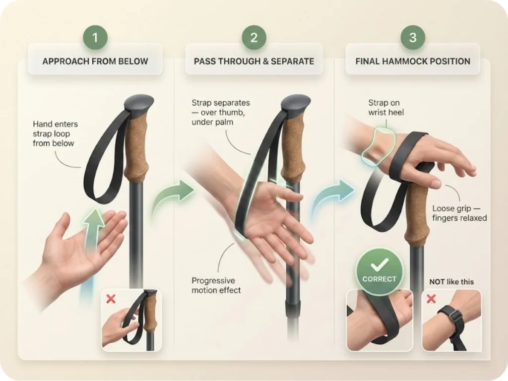 Three-step photo sequence showing proper trekking pole strap technique: hand approaching from below, hand passing through loop as strap separates, and final position with strap across wrist heel between thumb and index finger.