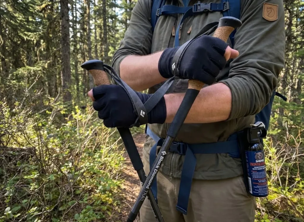 Hiker hands trapped in trekking pole straps unable to reach bear spray holster