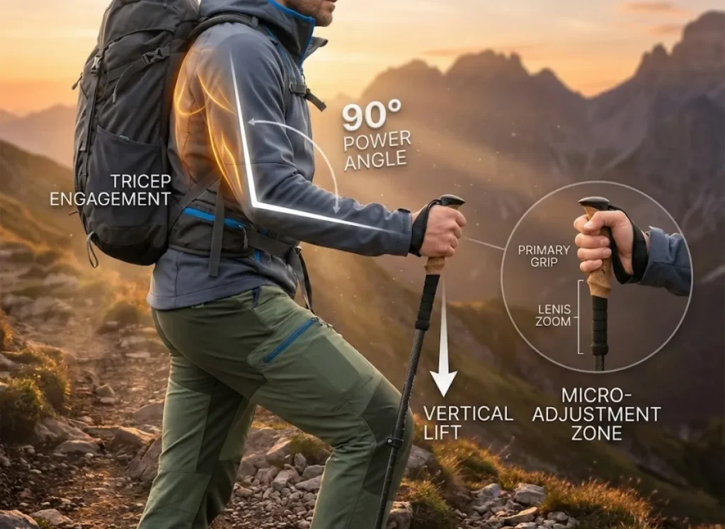 A premium infographic illustration featuring a side-profile view of a hiker on a steep incline, visually demonstrating proper trekking pole adjustment. Biomechanical overlays highlight a 90-degree elbow angle and tricep engagement, labeled "4WD Effect," while a magnified insert details the extended EVA foam grip.