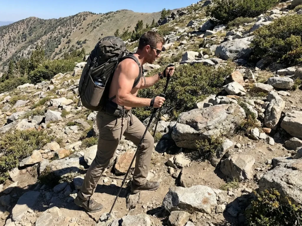 Hiker using trekking pole straps for uphill propulsion on steep mountain switchback
