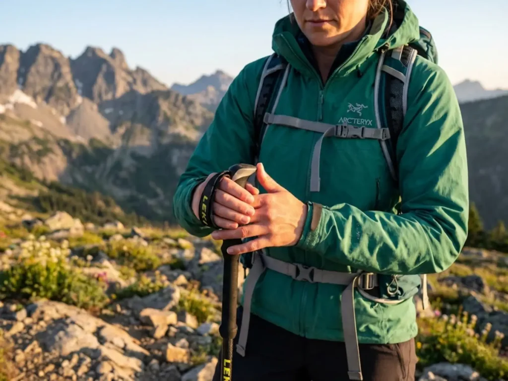 Hiker demonstrating proper trekking pole wrist strap technique on alpine trail