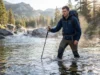 Trekking Poles for River Crossing: Field-Tested Methods Hiker using trekking poles for stability during alpine river crossing at dawn