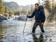 Trekking Poles for River Crossing: Field-Tested Methods Hiker using trekking poles for stability during alpine river crossing at dawn
