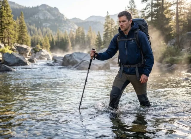 trekking-poles-river-crossing-stability-hero Hiker using trekking poles for stability during alpine river crossing at dawn