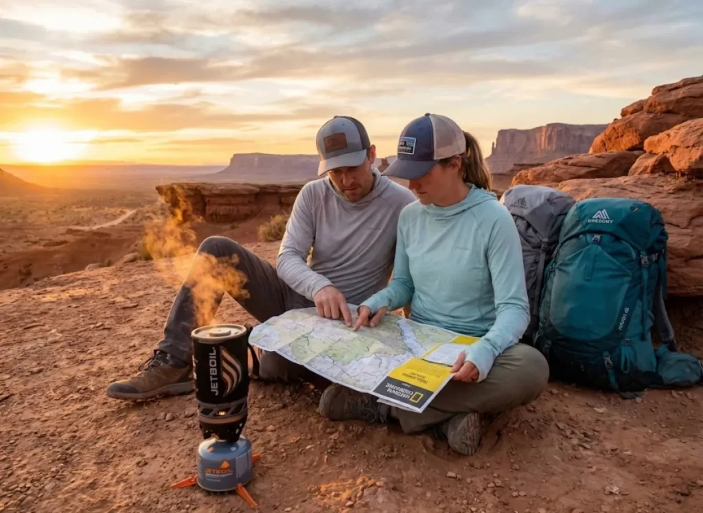 Hiking couple planning multi-day trip with efficient Jetboil stove at desert camp