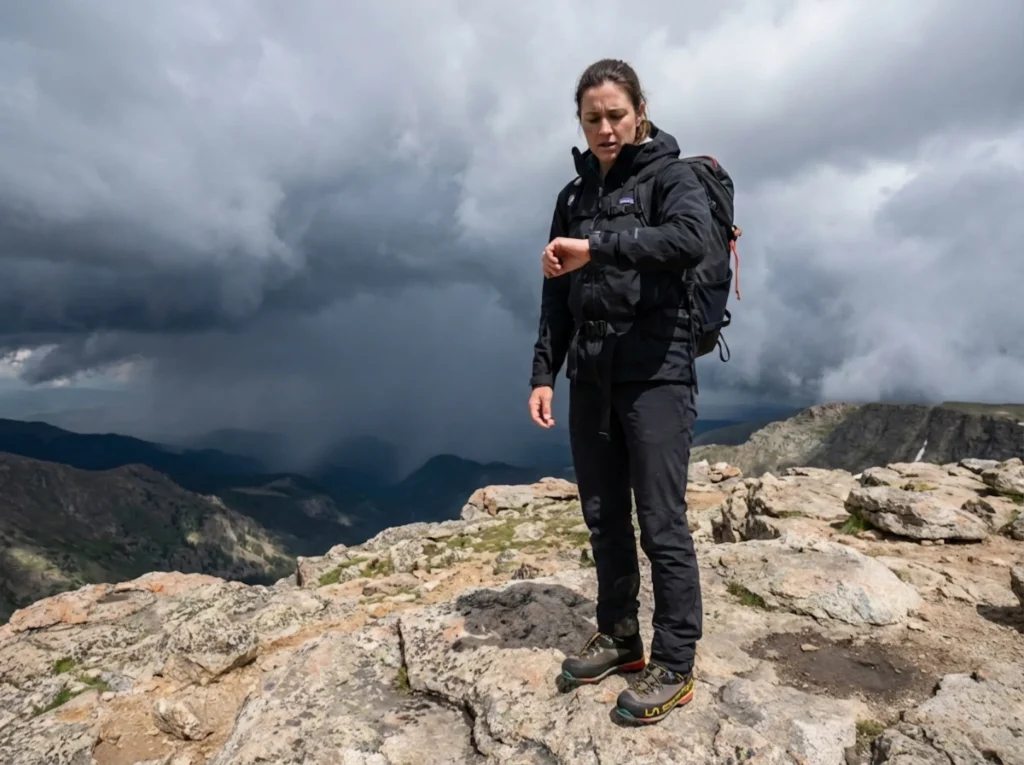 Female climber checking watch on summit with storm clouds building representing turnaround decision