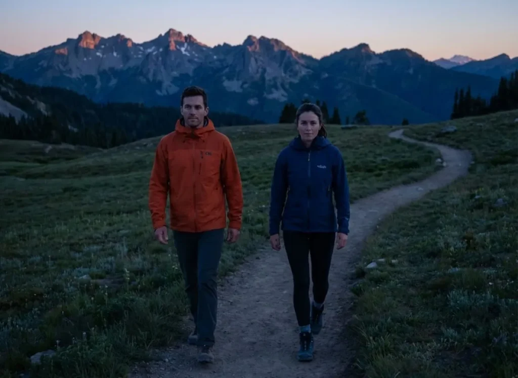 Two hikers at twilight wearing orange and blue jackets showing visibility difference during Purkinje shift