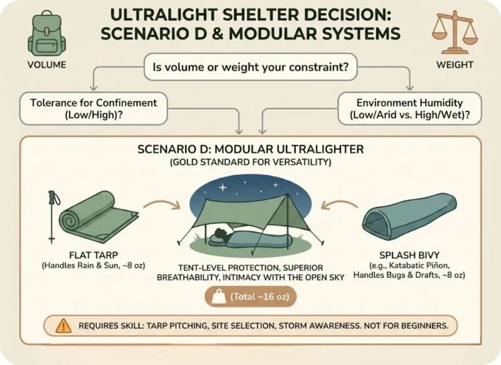 Decision flowchart infographic for ultralight shelter selection, starting with volume vs weight constraint, branching through tolerance for confinement and environment humidity, reaching product recommendations with illustrated icons.