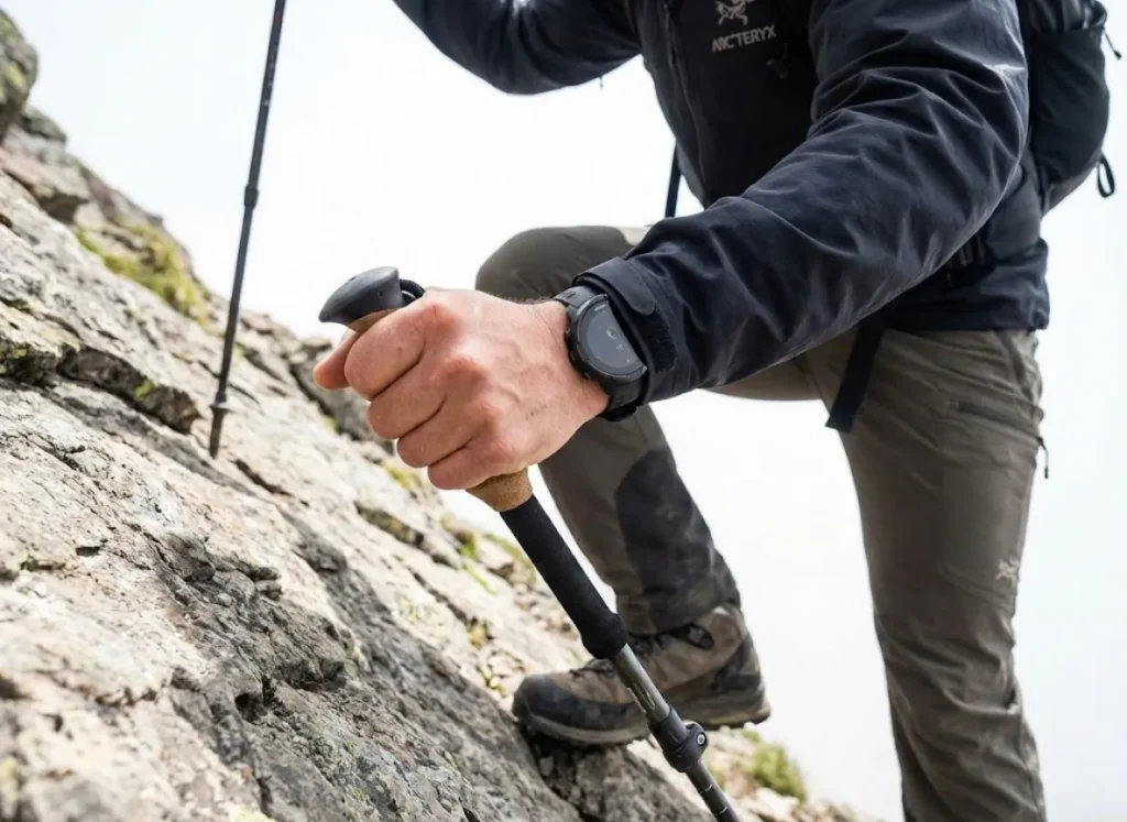 Low angle shot of hiker pushing off shortened trekking poles on a steep uphill climb, focusing on arm mechanics.