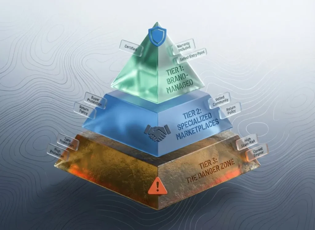 A 3D stylized mountain pyramid infographic illustrating the three tiers of used gear safety, ranging from the dangerous base of peer-to-peer sales to the safe summit of brand-managed recommerce programs.