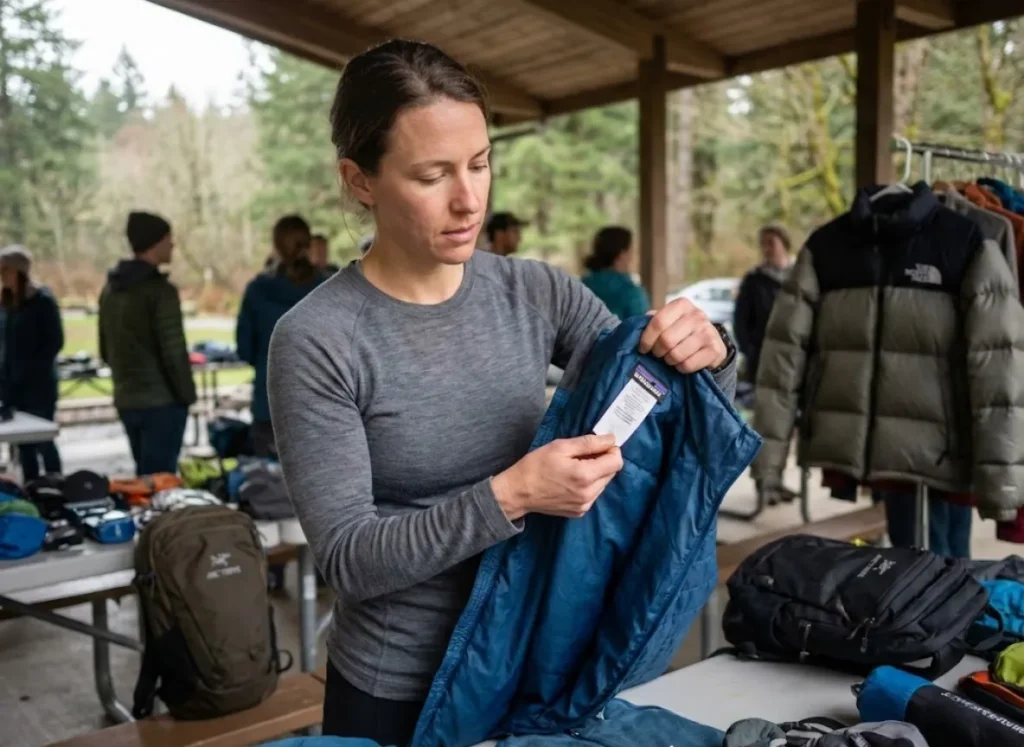 Hiker inspecting used Patagonia jacket tag at gear swap to authenticate before buying