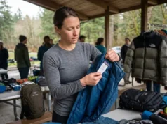 10 Trusted Sites to Buy Used Hiking Gear (+ What to Avoid) Hiker inspecting used Patagonia jacket tag at gear swap to authenticate before buying