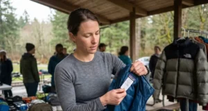 10 Trusted Sites to Buy Used Hiking Gear (+ What to Avoid) Hiker inspecting used Patagonia jacket tag at gear swap to authenticate before buying