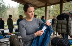 10 Trusted Sites to Buy Used Hiking Gear (+ What to Avoid) Hiker inspecting used Patagonia jacket tag at gear swap to authenticate before buying