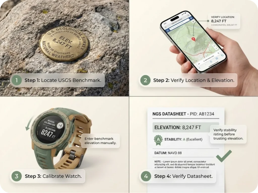 Four-step guide showing USGS survey benchmark calibration process from locating brass disk to entering elevation data into hiking watch.
