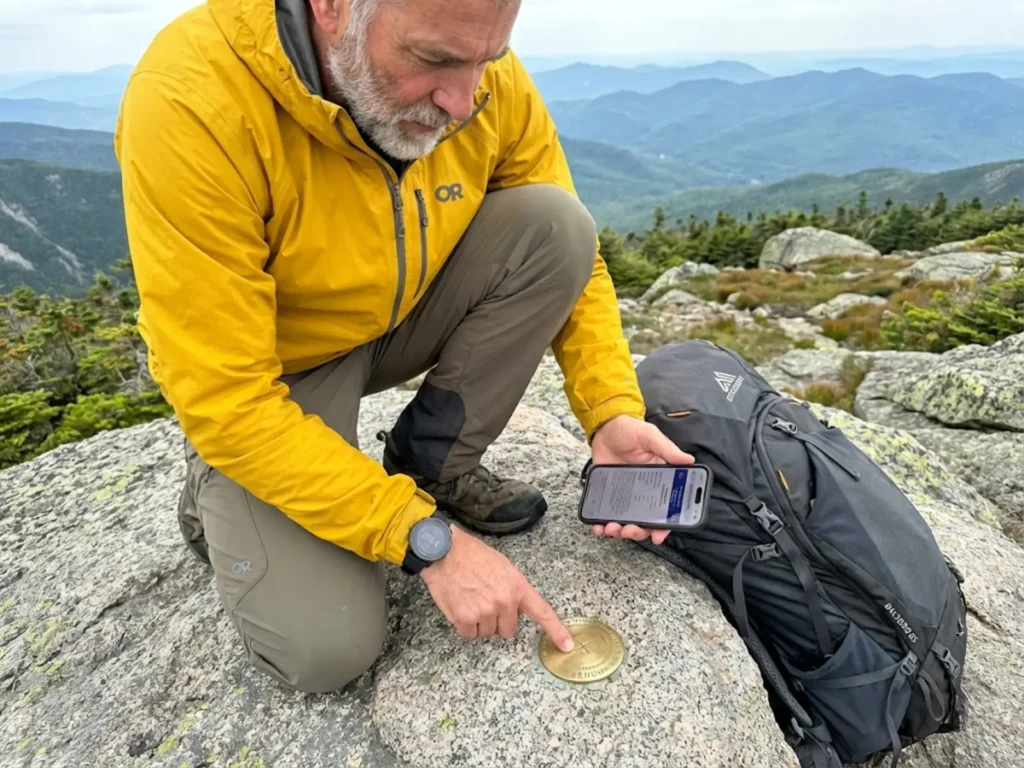 Hiker calibrating altimeter watch using USGS survey benchmark for maximum elevation accuracy