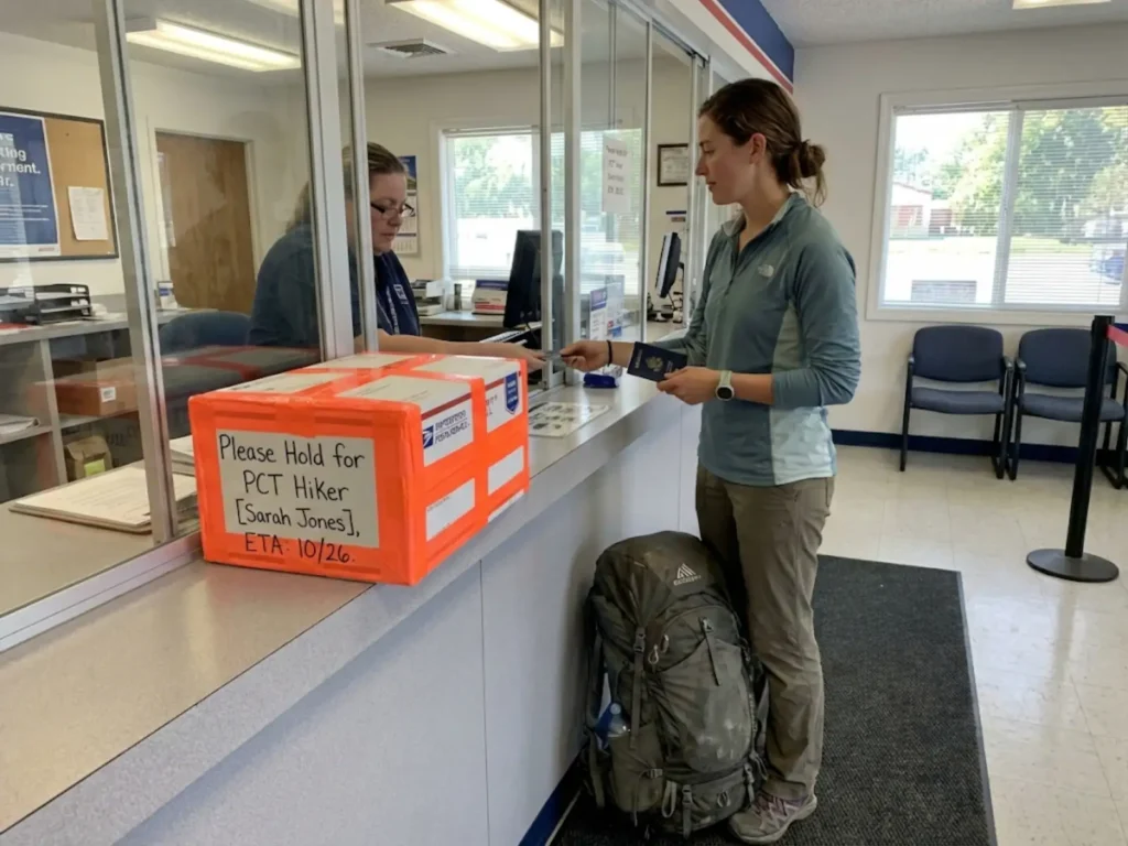 Hiker showing photo ID at USPS General Delivery counter to pick up trail resupply package