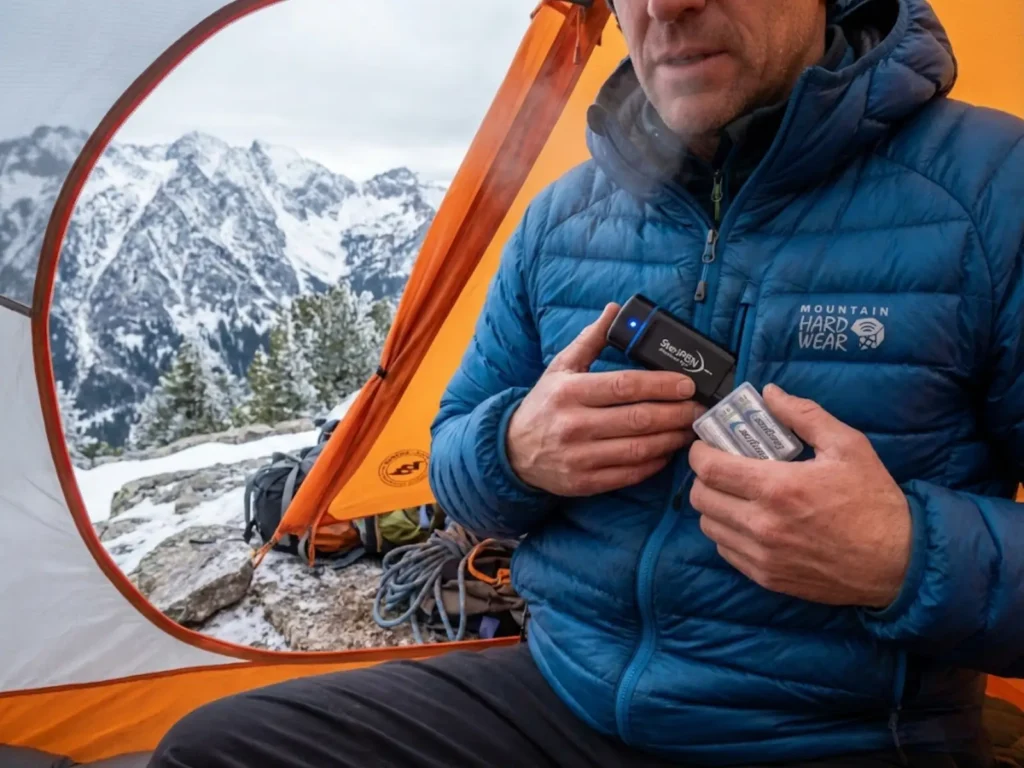 Mountaineer warming UV water purifier and lithium batteries inside jacket at snowy alpine camp
