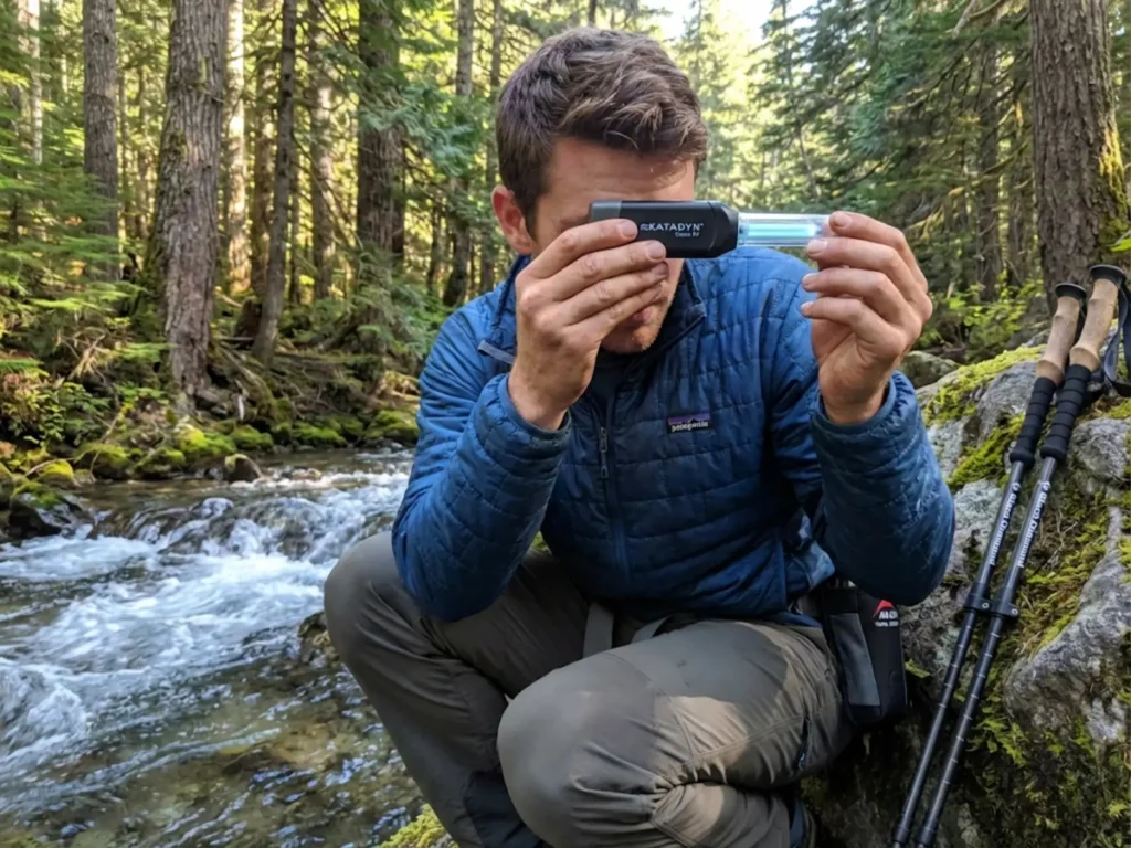 Hiker examining UV purifier bulb glow while treating mountain stream water