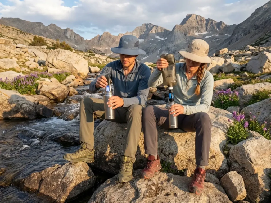 Two hikers comparing UV purifier and Sawyer filter side by side at alpine stream