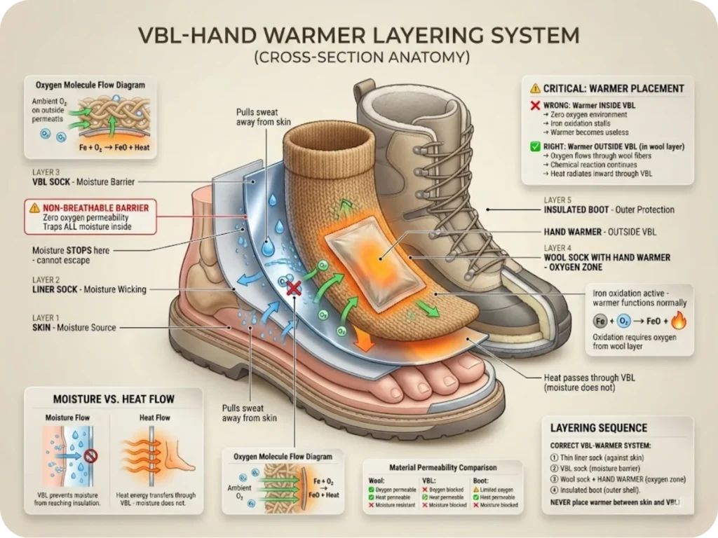 Cross-section diagram showing five-layer vapor barrier liner sock system with hand warmer placement and oxygen flow pathways for cold weather hiking.