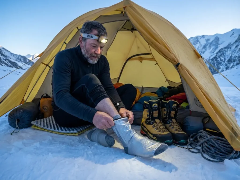 Mountaineer layering VBL socks with hand warmers in tent vestibule for extreme cold protection