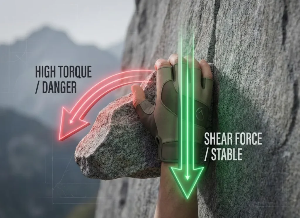 A technical side-profile illustration of a rock climbing hold, demonstrating the physics of vector forces. A red arrow indicates outward pulling force creating dangerous torque, while a green arrow indicates downward pulling force creating stable shear strength.