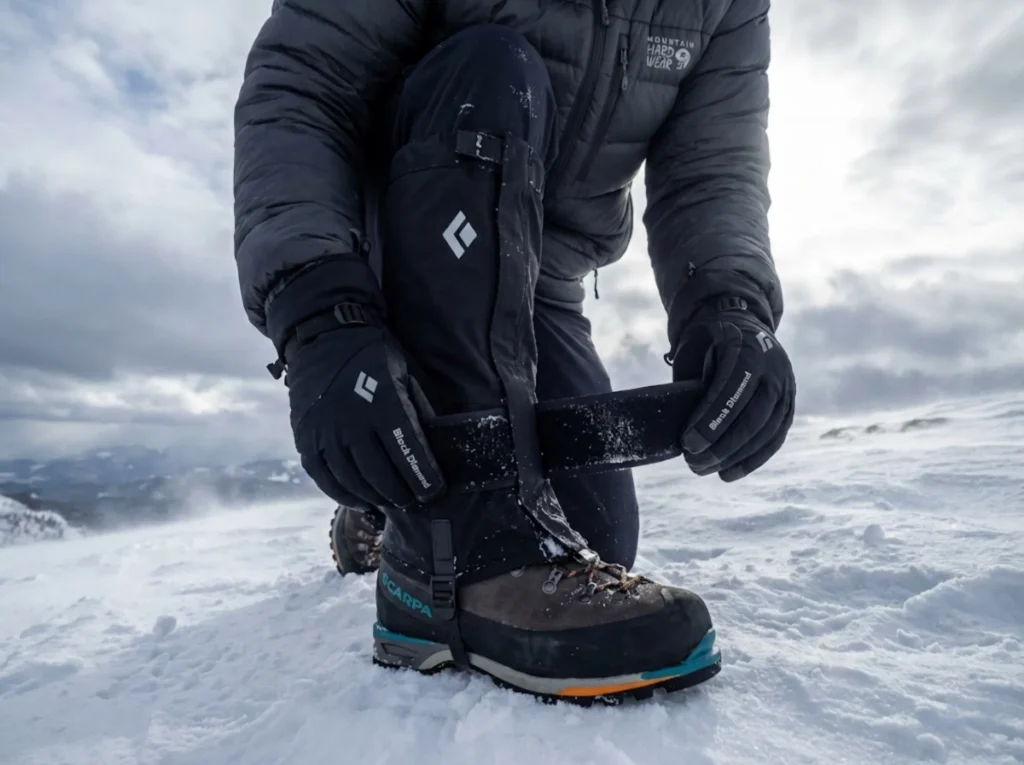 Winter hiker securing Velcro gaiter closure with gloved hands in freezing alpine conditions