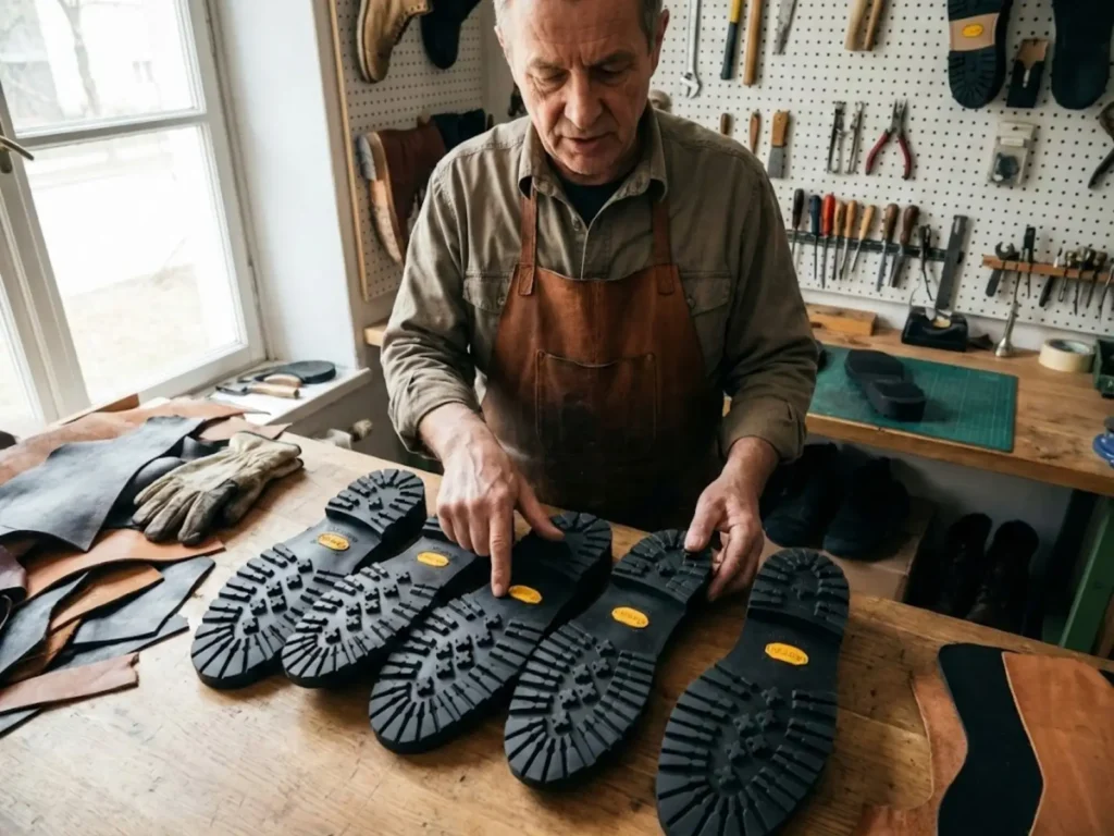 Cobbler displaying Vibram Megagrip and Mont sole options for hiking boot resoling upgrade