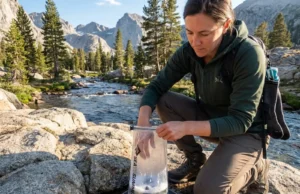 The Right Way to Wash Your Hiking Socks on Trail Hiker washing Merino wool socks using Leave No Trace oven bag method 200 feet from alpine stream