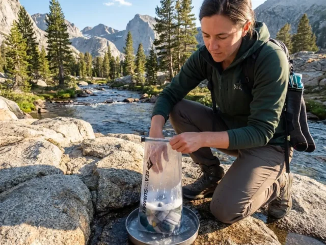 washing-hiking-socks-backcountry-leave-no-trace Hiker washing Merino wool socks using Leave No Trace oven bag method 200 feet from alpine stream