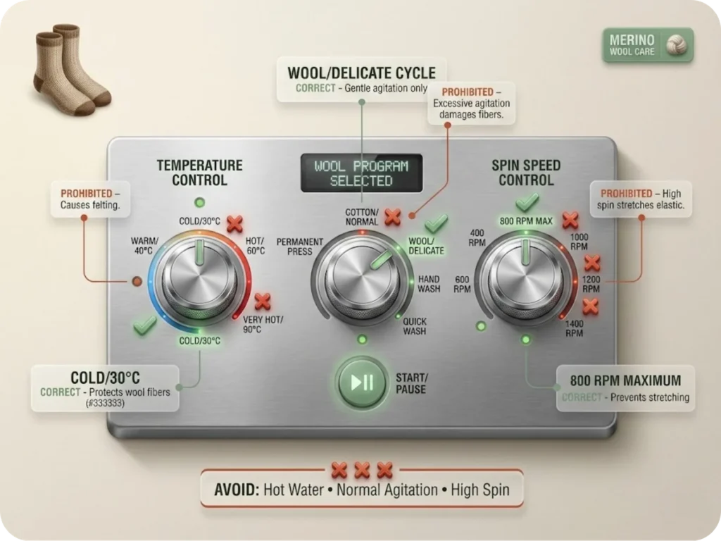 Washing machine control panel interface showing correct settings for Merino wool socks: Cold/30°C temperature, Wool/Delicate cycle, 800 RPM max spin speed, with prohibited settings marked.