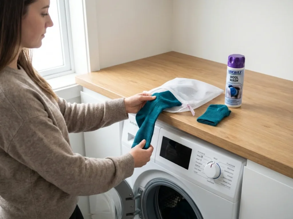 Proper wool sock washing preparation showing inside-out technique mesh bag and wool-specific detergent